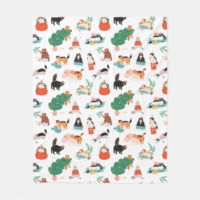 Playful Cats and Christmas Trees Pattern Fleece Blanket (Front)
