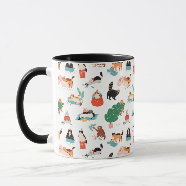 Playful Cats and Christmas Trees Pattern Mug (Left)