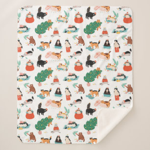 Playful Cats and Christmas Trees Pattern Sherpa Blanket