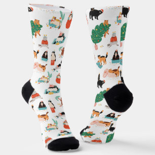 Playful Cats and Christmas Trees Pattern Socks