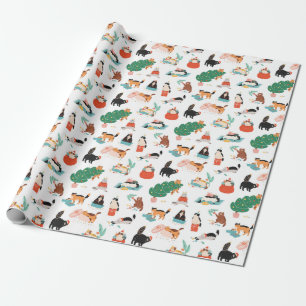 Playful Cats and Christmas Trees Pattern Wrapping Paper