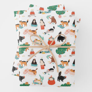 Playful Cats and Christmas Trees Pattern Wrapping Paper Sheet