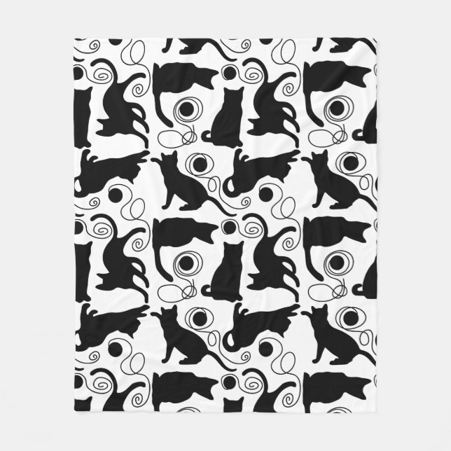 Playful Cats and Yarn Silhouettes Fleece Blanket (Front)