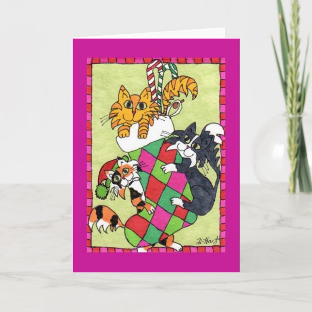 Playful Cats in a Holiday Stocking Card (Front)