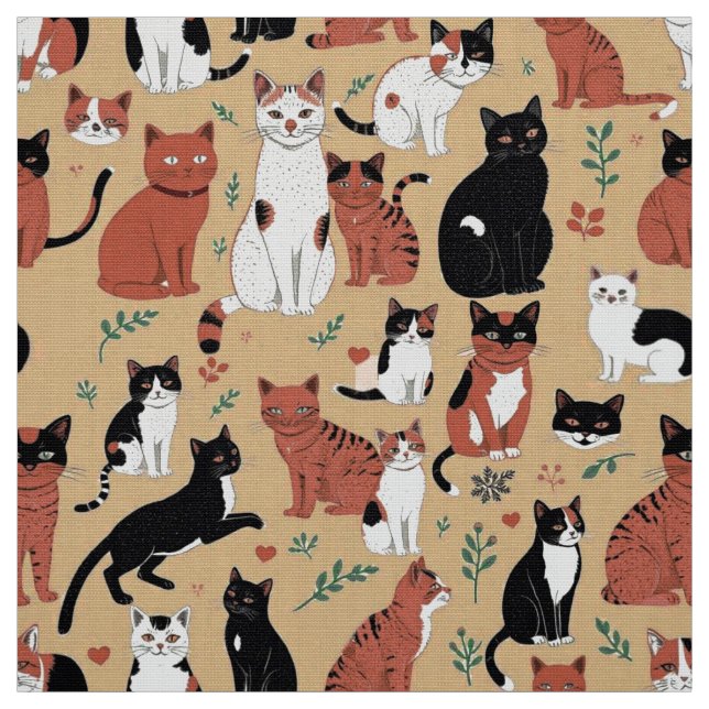 Playful Cats on a Tan Background Fabric (Swatch)