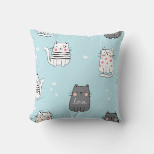 Playful Cats on Blue Pattern Cushion