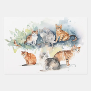 Playful Cats with Vibrant Watercolor Background Wrapping Paper Sheet
