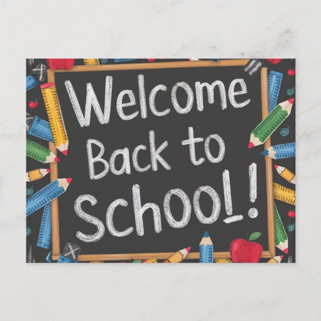  Playful Chalkboard Welcome Back to School  Postcard (Front)