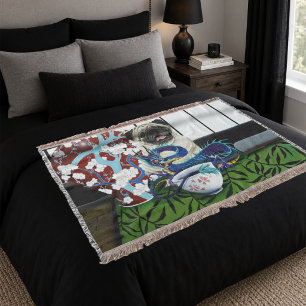 Playful Charming Pug Dog Japanese Dragon Throw Blanket