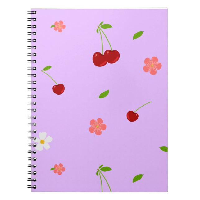 Playful Cherry Fruit and Flower Background Notebook (Front)