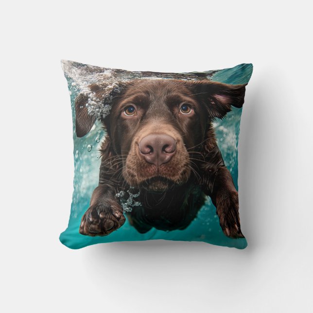 Playful Chocolate Labrador Swimming Underwater Cushion (Front)