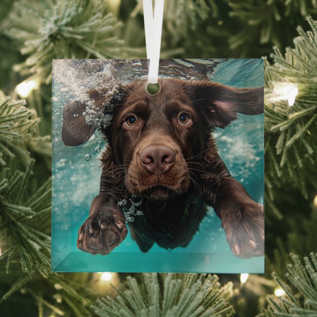 Playful Chocolate Labrador Swimming Underwater Glass Tree Decoration (Insitu)