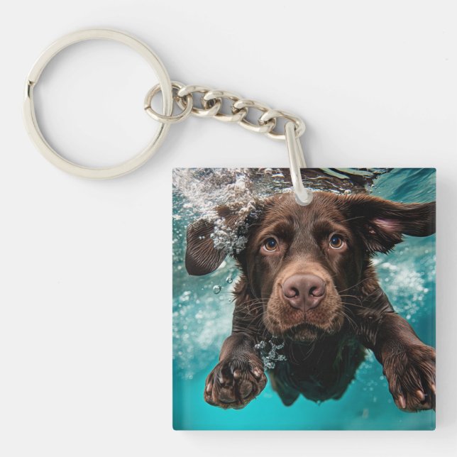 Playful Chocolate Labrador Swimming Underwater Key Ring (Front)