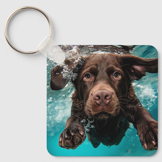 Playful Chocolate Labrador Swimming Underwater Key Ring (Front)