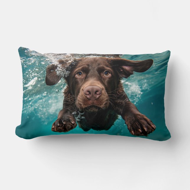 Playful Chocolate Labrador Swimming Underwater Lumbar Cushion (Front)