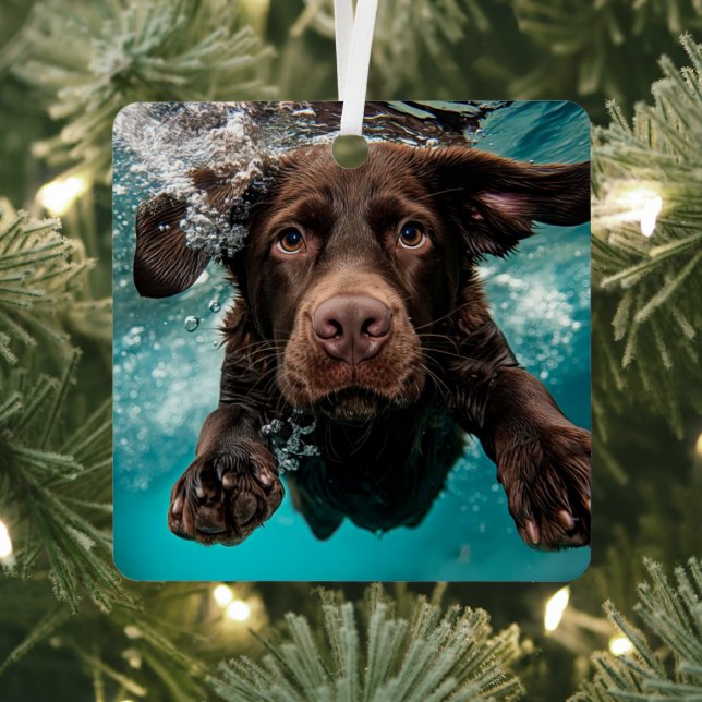Playful Chocolate Labrador Swimming Underwater Metal Tree Decoration (Insitu)