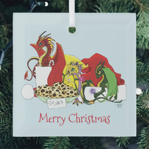 Playful Christmas Dragons Fantasy Milk Cookies Glass Tree Decoration