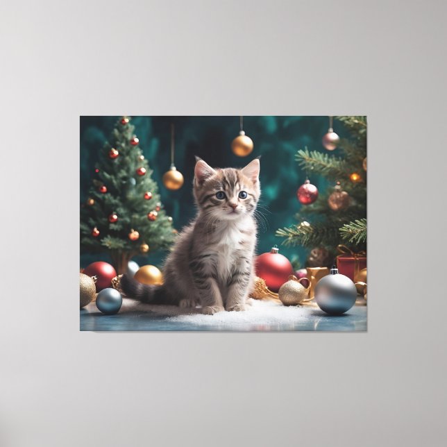Playful Christmas Kitten by the Tree with Ornament Canvas Print (Front)