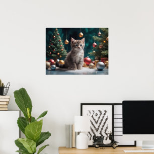 Playful Christmas Kitten by the Tree with Ornament Poster