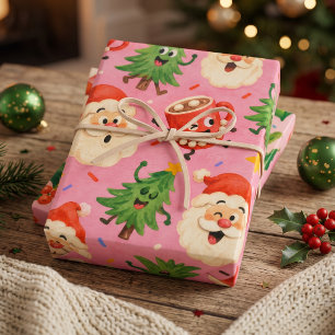 Playful Christmas Santa Pink Holly and Ornaments Wrapping Paper Sheet