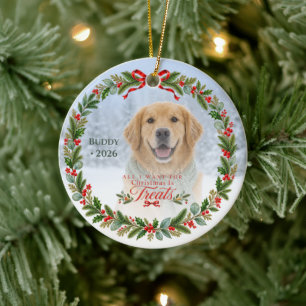 Playful Christmas Treats Dog Photo Ceramic Tree Decoration