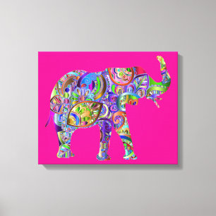 Playful Colorful Elephant Art on Fuchsia Canvas