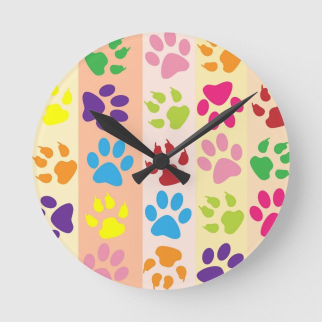 Playful Colorful Paw Prints Modern Round Wall Cloc Clock (Front)