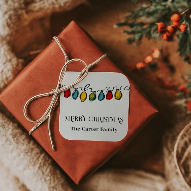 Playful Colourful Christmas String Lights Sketch Square Sticker (Make wrapping easy this year with personalized gift tag stickers featuring a playful line of colorfu)