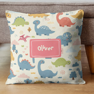 Playful Colourful Dinosaur Pattern Personalised Cushion