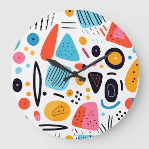 Playful Colourful Geometric Memphis Style Pattern Large Clock
