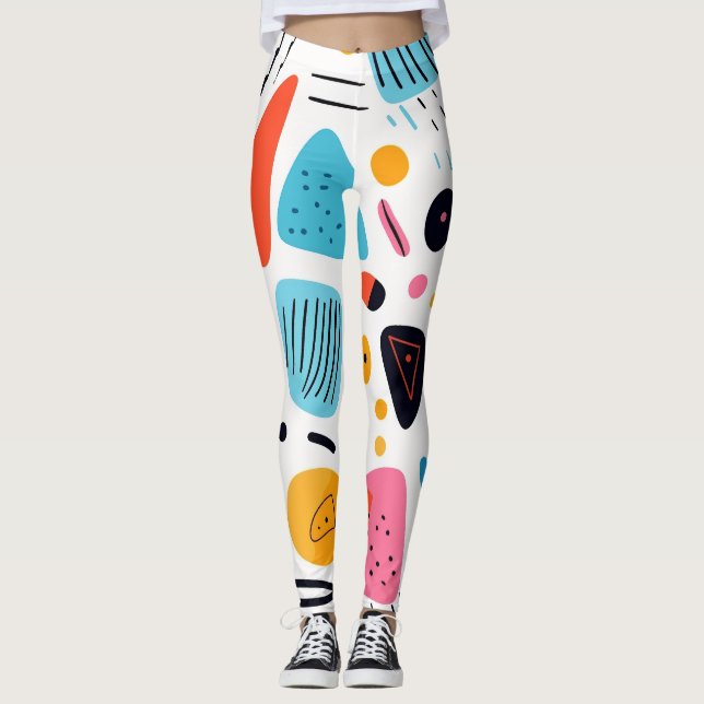 Playful Colourful Geometric Memphis Style Pattern Leggings (Front)
