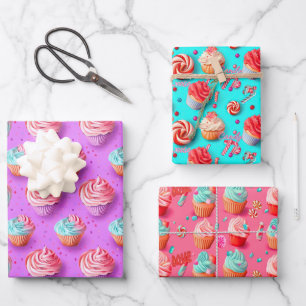 Playful Colourful Lilac, Blue, and Pink Cupcake  Wrapping Paper Sheet