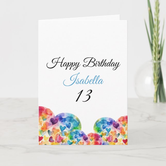 Playful Colourful Watercolor Hearts 13th Birthday Card (Front)