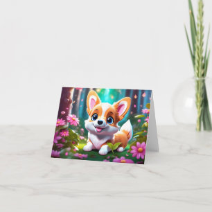 Playful Corgi Puppy in Flowers Blank Greeting Card