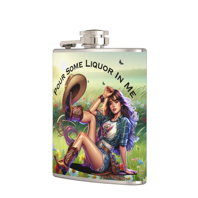 Playful Country Cowgirl Liquor Vinyl Wrapped Flask (Left)