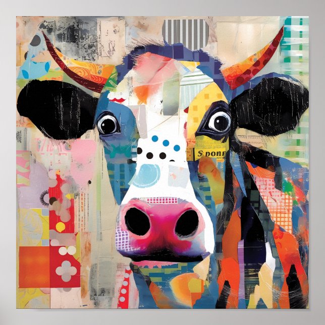 Playful Cow, an Artistic and Eclectic Collage Poster (Front)