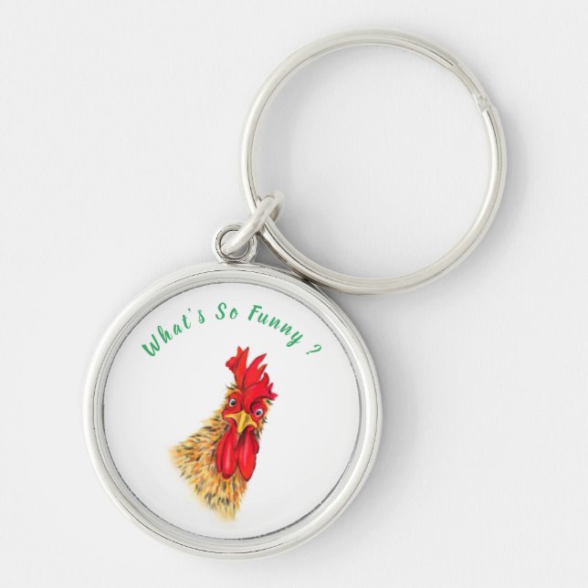 Playful Curious Rooster Keychain - What's So Funny (Front)