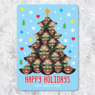 Playful Custom Photo Modern Christmas Tree Blue Holiday Card