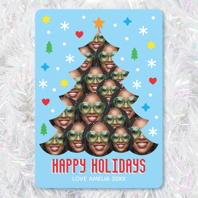 Playful Custom Photo Modern Christmas Tree Blue Holiday Card (Creator Uploaded)