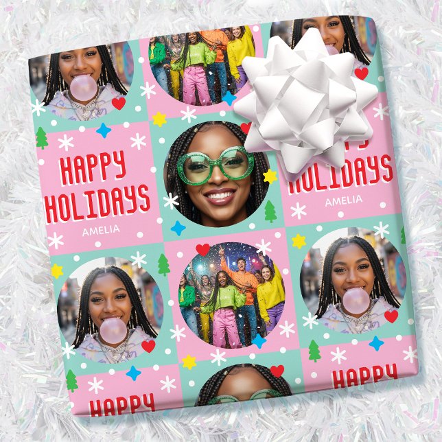 Playful Custom Photo Text Retro Pink Christmas  Wrapping Paper (Creator Uploaded)