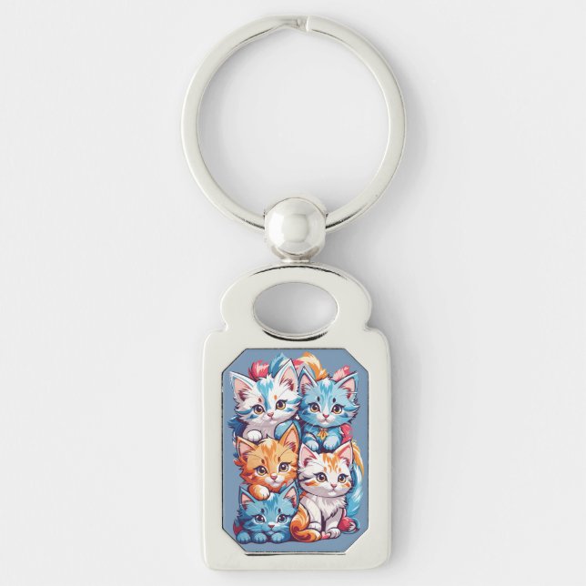Playful Cute Kawaii Kitties Key Ring (Front)