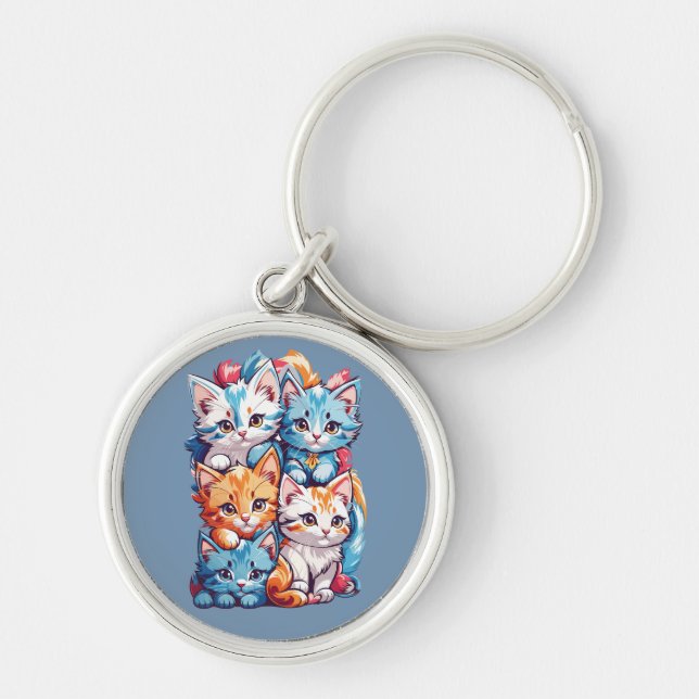 Playful Cute Kawaii Kitties Key Ring (Front)