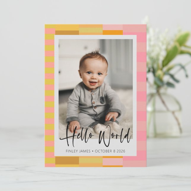 Playful Cute Pink and Yellow Stripes Baby Photo  Announcement (Standing Front)