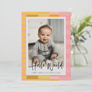 Playful Cute Pink and Yellow Stripes Baby Photo  Announcement