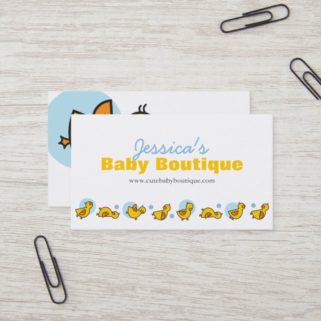 Playful Cute Yellow Baby Ducklings And Blue Dots Business Card (Front/Back In Situ)