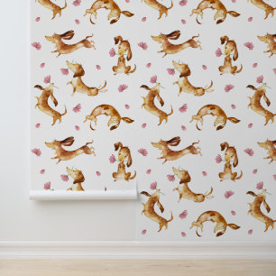 Playful Dachshund Puppy Dogs Pink Floral Wallpaper