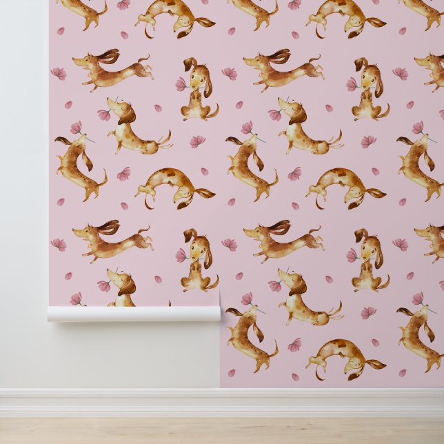 Playful Dachshund Puppy Dogs Pink Floral  Wallpaper (Application)