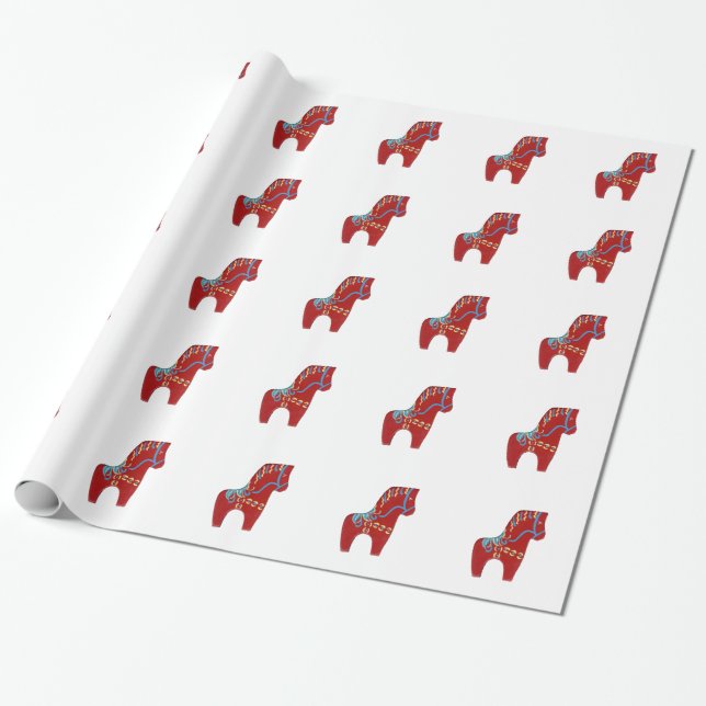 Playful Dala Red Horse Wrapping Paper (Unrolled)