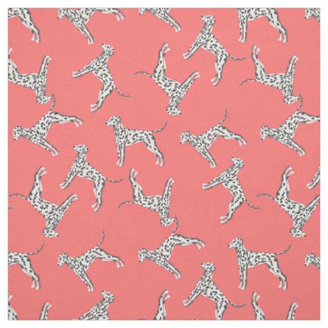 Playful Dalmatian Dog Pattern on Coral Pink  Fabric (Swatch)