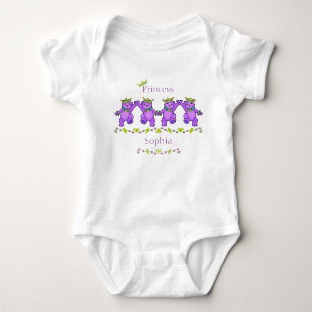 Playful Dancing Princess Bears Custom Name Baby Bodysuit (Front)
